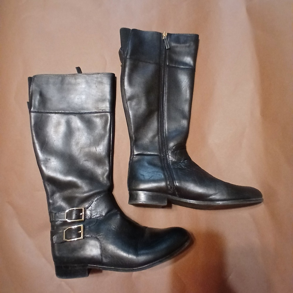 Franco Sarto women's 9 Black Zip Up Brass Buckle Leather Knee High Boots